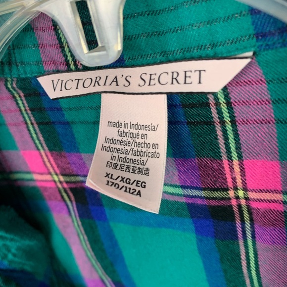 Victorias Secret XL 3 Piece Pajama Set Shorts Button Front Green Pink Plaid - Picture 8 of 11